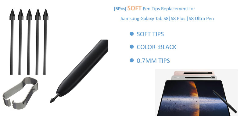 [Australia - AusPower] - [5Pcs Soft Tips] OEM Tab S8 Tips,Nibs [0.7mm] Replacement for Samsung Galaxy Tab S8/S8 Plus/S8 Ultra Stylus S Pen +Tools (S8/S8Plus/S8 Ultra Black) S8 Black 