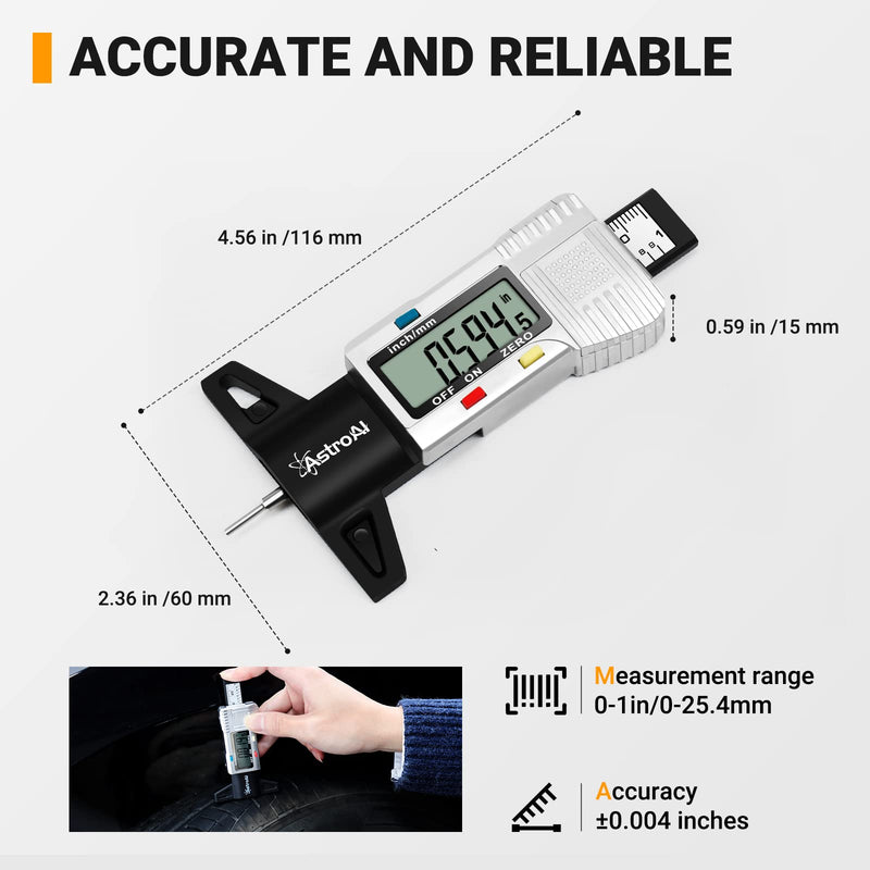 [Australia - AusPower] - AstroAI Tire Tread Depth Gauge, LCD Digital Tire Tread Depth Gauge Tool with Inch and Millimeter Conversion of 0-1 in for Car Truck SUV Motorcycle Bus 