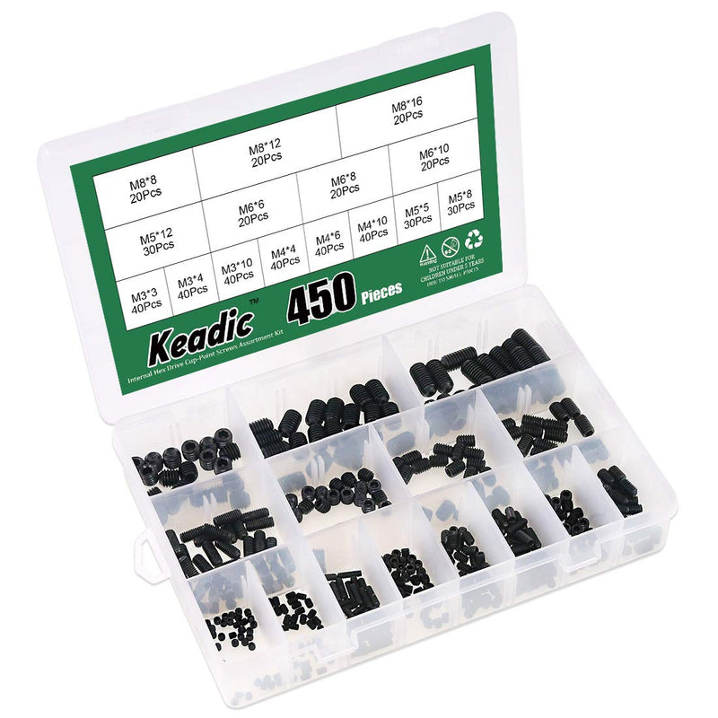 [Australia - AusPower] - Keadic 450Pcs Internal Hex Drive Cup-Point Screws Assortment Kit, 15 Metric Sizes M3/4/5/6/8 Set Screw Set for Door Handles, Faucet, Light Fixture, 12.9 Class Alloy Steel (Black) 