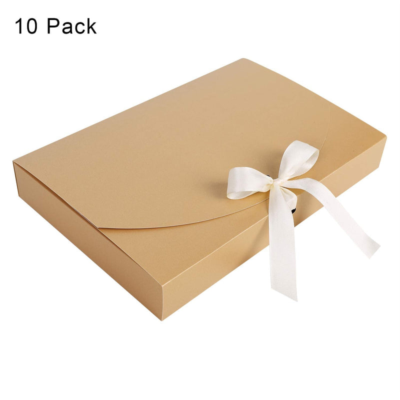 [Australia - AusPower] - 10 Pack Rectangle Presents Box with Ribbon Bowknot Kraft Paper Gift Bag Cardboard Underwear Necklace Shirt Wrapping Box Clothing Scarves Packaging Bag for Wedding Party Baby Shower Valentines Day Gold 1 