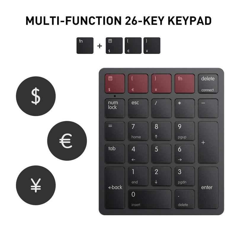 [Australia - AusPower] - Bluetooth Number Pad, Havit USB Wireless Numeric keypad 26 Keys Portable Mini Financial Accounting Rechargeable Numeric Pad for Laptop Desktop, PC, Surface Pro,Notebook (Black) Black 