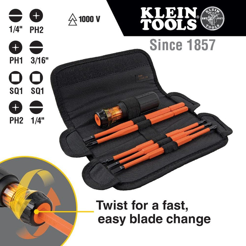 [Australia - AusPower] - Klein Tools 32288 Insulated Screwdriver, 8-in-1 Screwdriver Set with Interchangeable Blades, 3 Phillips, 3 Slotted and 2 Square Tips 