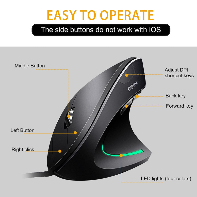 [Australia - AusPower] - Wired Vertical Mouse, Optical Ergonomic Mouse with 4 Adjustable DPI 800/1200/2000/3200, 5 Buttons USB Computer Mouse , Better for Large and Medium Sized Hands Medium-Large 
