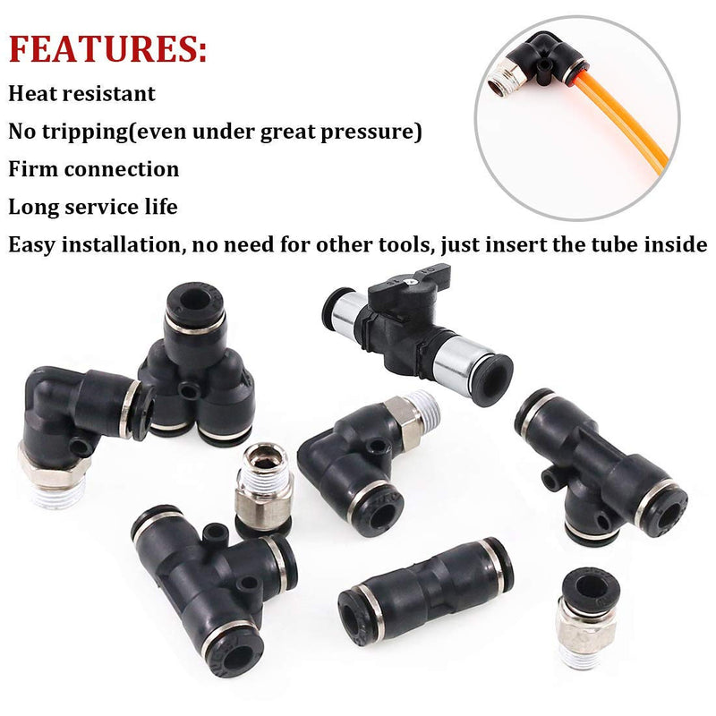 [Australia - AusPower] - Beduan Pneumatic 5/16 OD Push to Connect Fittings Kit Air Line Quick Fittings 2 PL+2 Elbow+2 Tee+2 Y Spliter +2 Male Straight+2 Male Elbow 5/16" OD Tube OD x 1/4 inch NPT (12 Pcs) 8mm tube ODx 1/4" npt KIT 