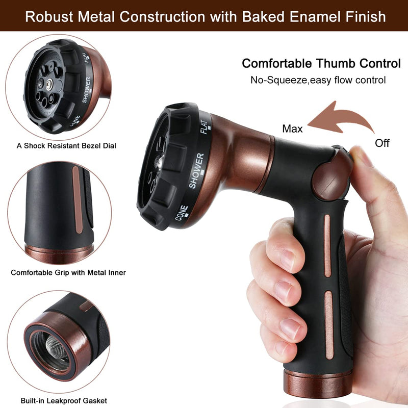 [Australia - AusPower] - FANHAO Garden Hose Nozzle, 100% Heavy Duty Metal Water Hose Sprayer with 8 Spray Patterns, High Pressure Water Nozzle with Thumb Control, On Off Valve for Watering Plants, Washing Cars & Pets 