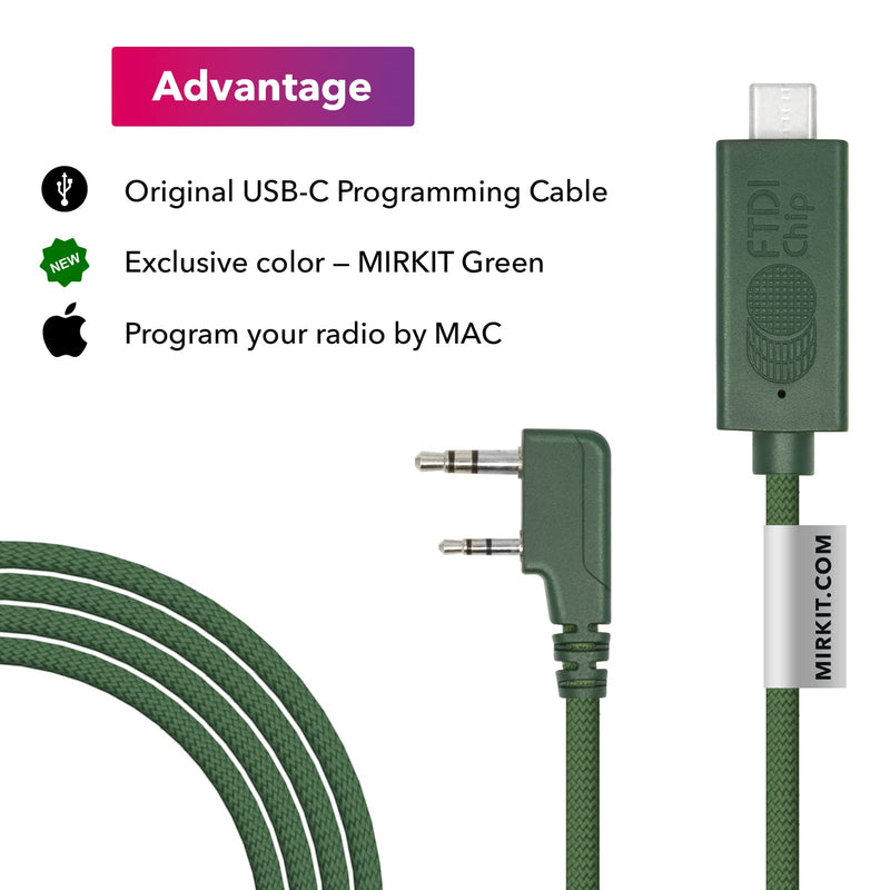 [Australia - AusPower] - Mirkit FTDI USB-C Baofeng Programming Cable Green for Flashing Analogue Ham Radio: Baofeng, Mirkit, Wouxun, Kenwood, Archell, Retevis. Compatible with Windows, Mac, Ubuntu OS FTDI USB-C MIRKIT Green 
