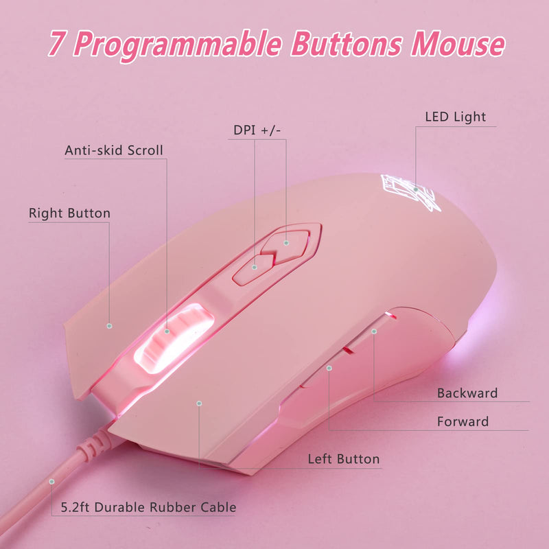 [Australia - AusPower] - Lomiluskr AJ52 Gaming Mouse Wired, 7 Programmable Buttons, Computer Mice with RGB LED Backlit, 200-4800 DPI Adjustable,for Windows/Mac OS/Linux (Pink) Pink 