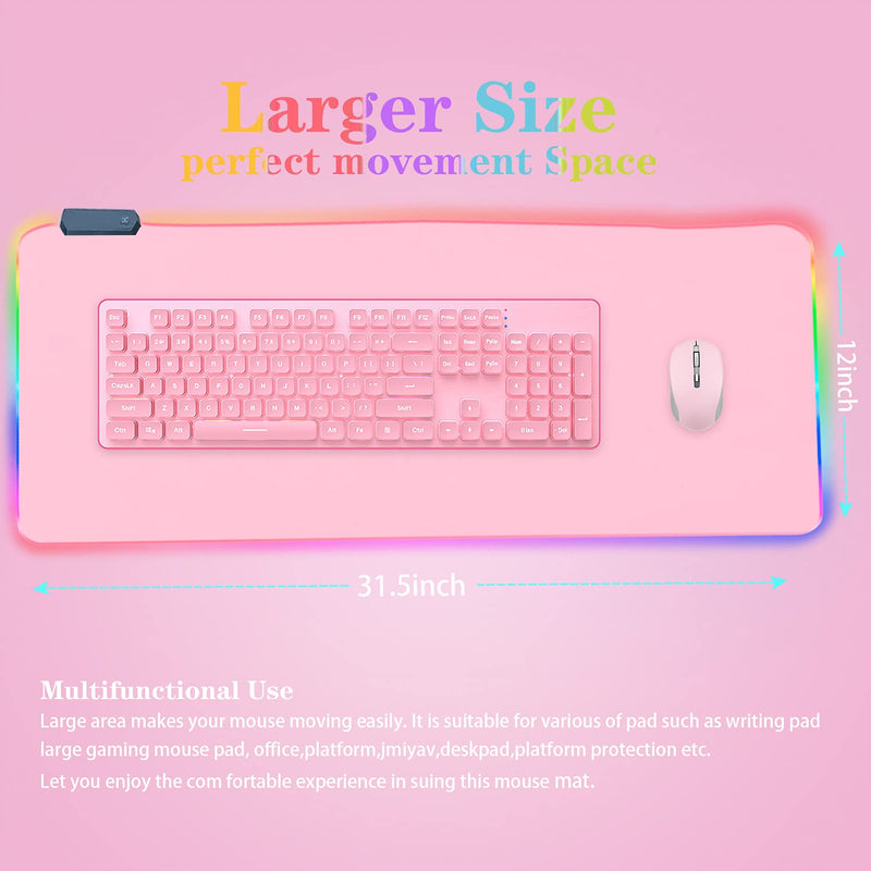 [Australia - AusPower] - Pink RGB Gaming Mouse Pad 31.5x12 Inch PC XL Large Extended Glowing Led Light Up Desk Pad Non-Slip Rubber Jmiyav Base Computer Keyboard and Mouse Pad Cool Cute Mousepad Mat Tender pink 