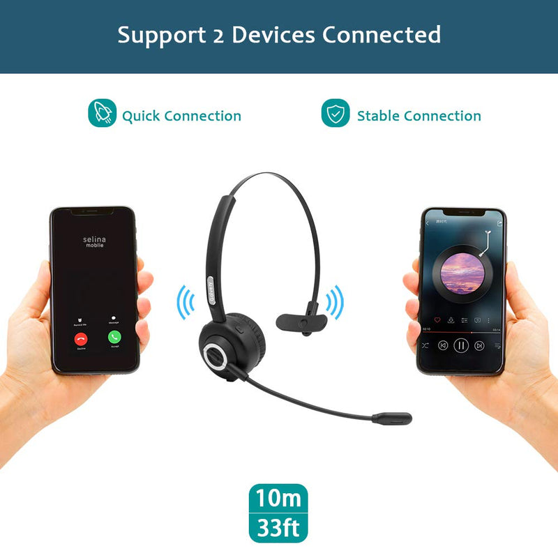 [Australia - AusPower] - Golvery Bluetooth Headset with Microphone, Truck Driver Headset w/Charging Base, Wireless Office PC Hands-Free Headphone with Noise Canceling for Call Center, Skype, Supports Music 17 Hrs Talk Time 