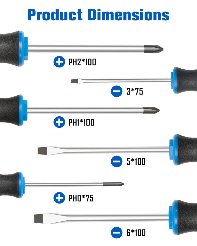 [Australia - AusPower] - 6PCS Magnetic Tip Screwdriver Set, 3 Phillips and 3 Flat, Professional Cushion Grip | 6-Piece Hand Tools Set 6pc_black tip_matt 