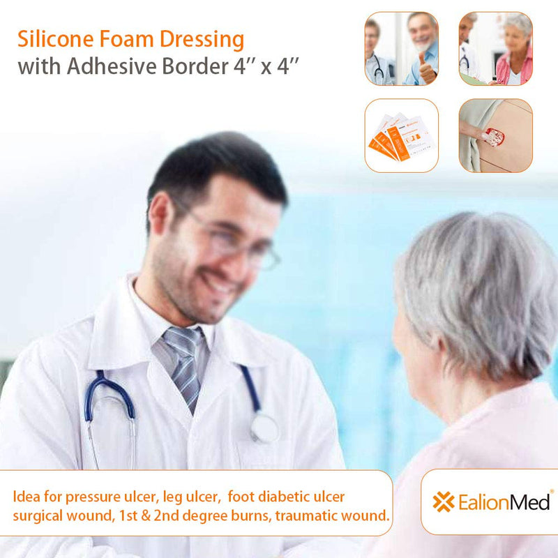 [Australia - AusPower] - EalionMed Silicone Foam Dressing with Gentle Adhesive Border 4''x4'', 10 Pack, Painless Removal High Absorbency Bed Sore Wound Bandage for Pressure Sore, Leg Ulcer, Diabetic Ulcer 10 Count (Pack of 1) 