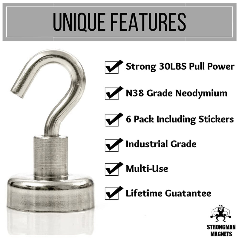 [Australia - AusPower] - Strongman Magnets 6 Pack of Powerful 30LB Neodymium Heavy Duty Magnetic Hooks +3M Non Scratch Stickers Multi Use Indoor & Outdoor Hook Magnets! Declutter and Add Storage Now! 