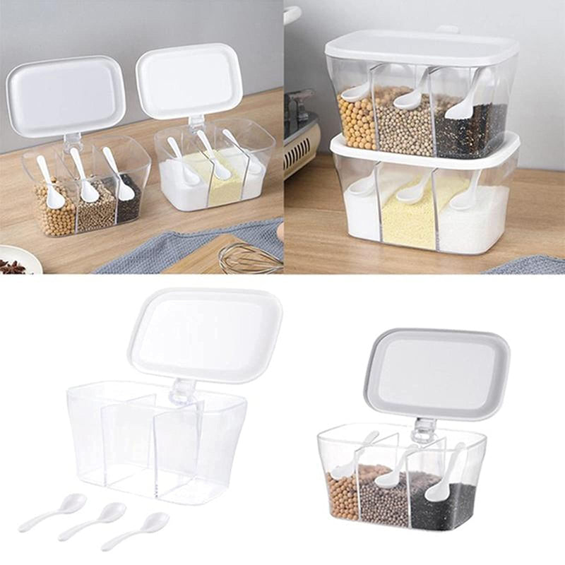 [Australia - AusPower] - POWLAB Clear Seasoning Storage Box Acrylic Container Condiment Jars Kitchen Spice Pots with Cover and Spoons for Salt Sugar Cruet Spice Seasoning Box -3 Compartment (Grey) Gray 