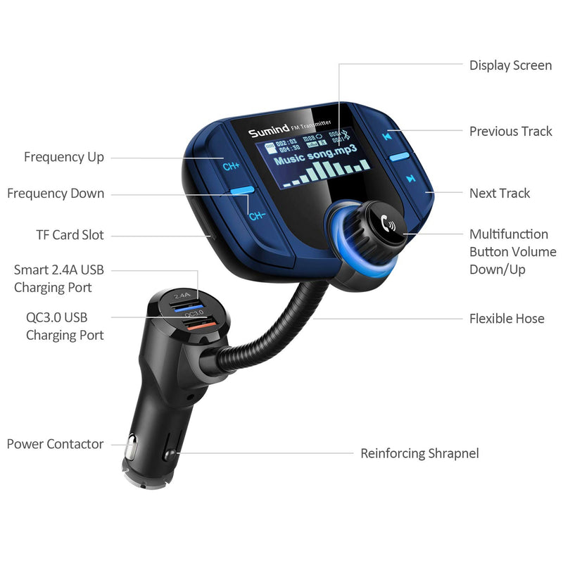 [Australia - AusPower] - (Upgraded Version) Sumind Car Bluetooth FM Transmitter, Wireless Radio Adapter Hands-Free Kit with 1.7 Inch Display, QC3.0 and Smart 2.4A USB Ports, AUX Output, TF Card Mp3 Player(Blue) Blue 