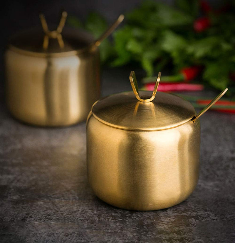 [Australia - AusPower] - Stainless Steel Sugar Bowl Spice Jar Storage Seasoning Pot with Lid Spoon Gold 