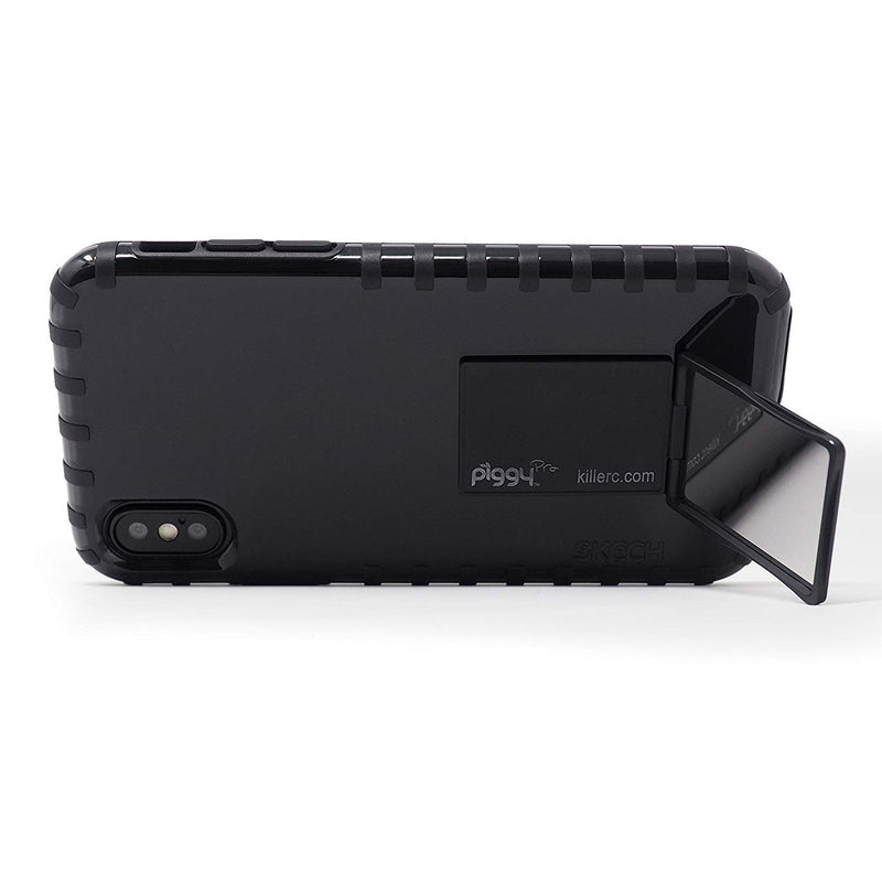 [Australia - AusPower] - Flip Stand (aka Piggy Pro) Adjustable Phone Stand & Grip with Compact Mirror, Compatible with Magnet Car Mount (Black) Black 