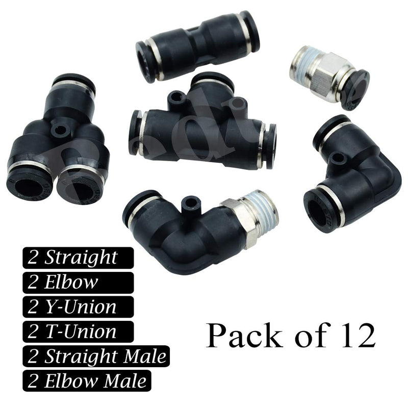[Australia - AusPower] - Beduan Pneumatic 5/16 OD Push to Connect Fittings Kit Air Line Quick Fittings 2 PL+2 Elbow+2 Tee+2 Y Spliter +2 Male Straight+2 Male Elbow 5/16" OD Tube OD x 1/4 inch NPT (12 Pcs) 8mm tube ODx 1/4" npt KIT 