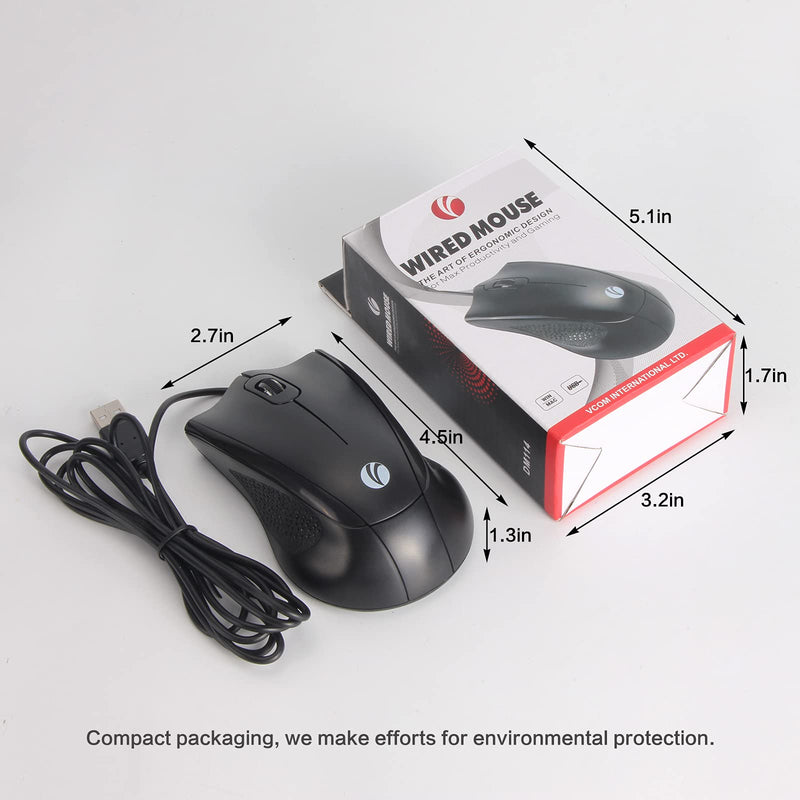 [Australia - AusPower] - VCOM Wired USB Mouse with 6-Foot Cord & 1200 DPI, Right or Left Hand Use for Work Study Home, 3-Button Ergonomic Optical Mouse Compatible with PC Laptops Desktop Computer Windows Vista Linux, Black 1-Pack 