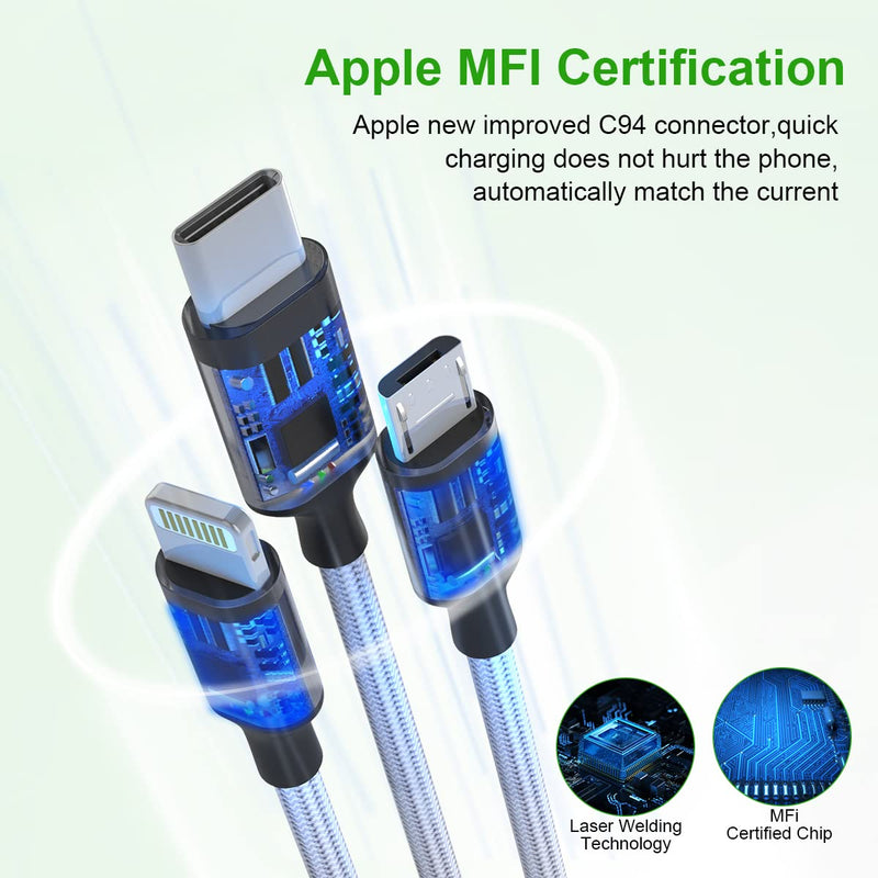 [Australia - AusPower] - Multi 5 in 1 Universal 3A Fast Charge USB Charging Cable,1.8M/6FT USB A/Type C to Lightning +Type C+Micro USB Nylon Braided Sync Charger Cord Adapter for Android/iPhone/Apple/iOS/Samsung/Huawei/XiaoMi 2 IN 3 Silver 