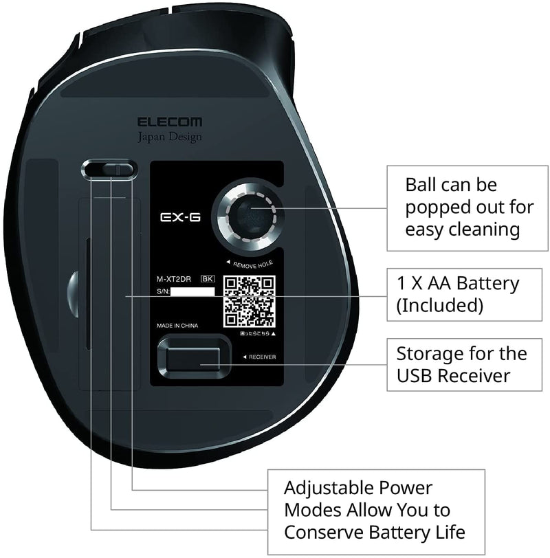 [Australia - AusPower] - ELECOM EX-G Trackball Mouse, 2.4GHz Wired, Thumb Control, Ergonomic Design, 5-Button Function with Smooth Tracking, Ergonomic Design, Optical Gaming Sensor, Windows11, macOS (M-XT2URBK-G) Black / Black ball 