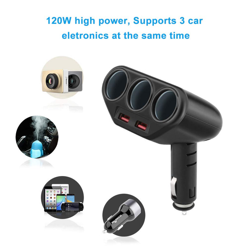 [Australia - AusPower] - Rocketek 3-Socket 2-Port USB Quick Charge 3.0 Car Charger Splitter Adapter,120W 12V/24V DC Outlet Multi Socket Car Cigarette Lighter Splitter QC3.0 Dual Car Charger Power Outlet Splitter Extender 