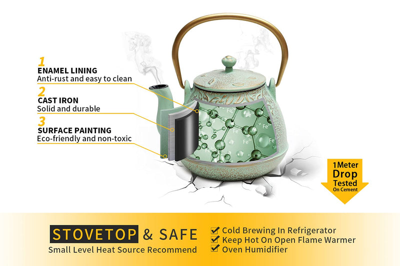 [Australia - AusPower] - Tea Kettle, TOPTIER Japanese Cast Iron Teapot with Stainless Steel Infuser, Cast Iron Tea Kettle Stovetop Safe, Leaf Design Teapot Coated with Enameled Interior for 32 Ounce (950 ml), Light Green 32 oz / 950 ml 