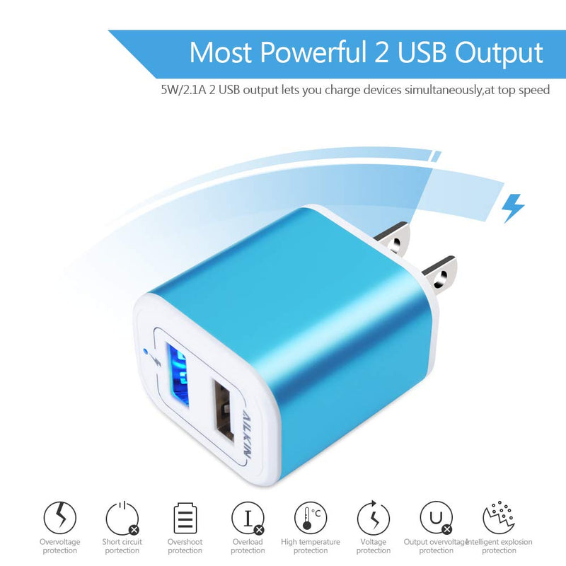 [Australia - AusPower] - USB Plug in Wall Charger, Charging Block, 2Pack AILKIN 2.1A Fast Charge Dual Port Power Adapter Cube Box Brick Base Compatible with Phone, Pad, LG, Honor, Samsung, Kindle Fire, Blue, All USB - Blue 