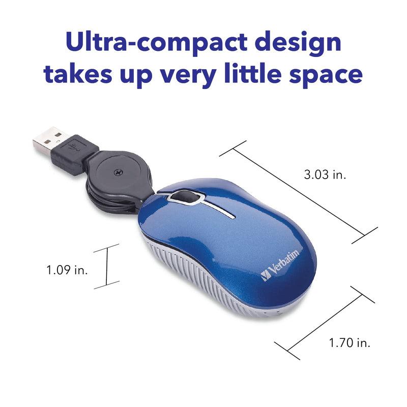 [Australia - AusPower] - Verbatim USB Corded Mini Travel Optical Wired Mouse for Mac and PC - Commuter Series Blue 