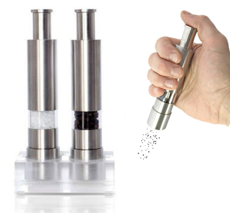 [Australia - AusPower] - Grind Gourmet Salt and Pepper Grinder Set, Original Pump & Grind Peppermill are Refillable, Modern Thumb Press Grinder, Comes with Black Pepper, Sea Salt and Stand, Works With Himalayan Salts 316 Stainless Steel 