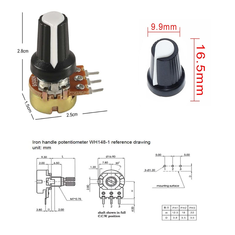 [Australia - AusPower] - Sipytoph B1K - B1M Ohm Potentiometer Assortment Kit,10pcs Single Linear Taper 3 Terminals Rotary Potentiometers Variable Resistor with Knob Nuts and Washers 