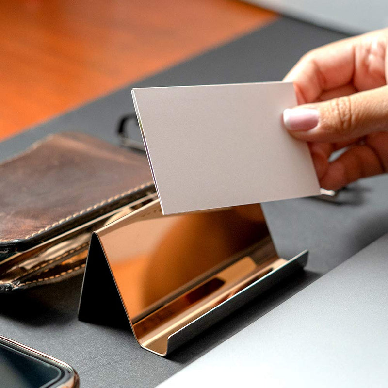[Australia - AusPower] - Business Card Holder Rose Gold (3-Pack), 9 x 5 x 4.5 cm Stainless Steel Business Card Table Top Display Stand, Namecard Holder Desktop Organizer, Modern Rose Gold Desk Accessories for Corporate Desk 