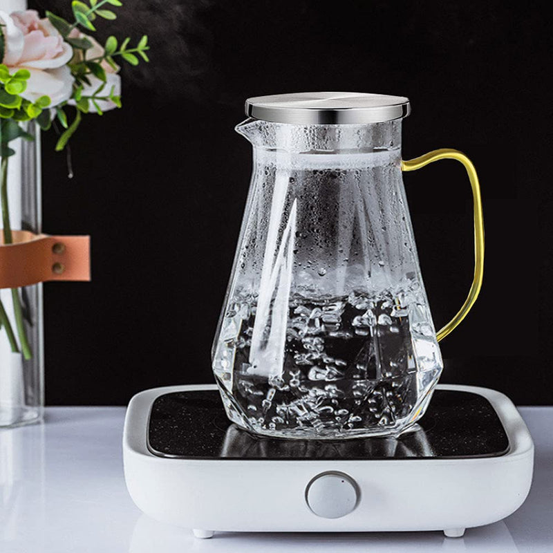 [Australia - AusPower] - Glass Pitcher with Stainless Steel Lid, 60 Oz Heat Resistant Glass Water Carafe with Handle for Fridge, Pitcher for Iced Tea, Milk, Hot and Cold Beverage, Borosilicate Glass Juice Jug 1000ml/60oz 1800ml 