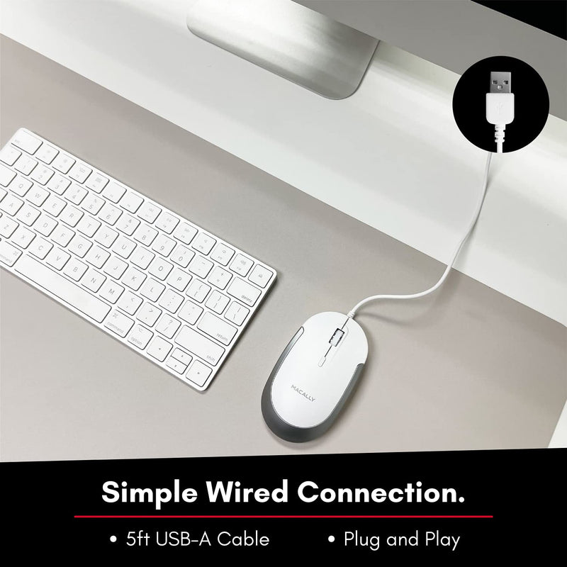 [Australia - AusPower] - Macally Silent Wired Mouse - Slim & Compact USB Mouse for Laptop/Desktop Windows PC or Apple Mac - Designed with Optical Sensor & DPI Switch - Simple & Comfortable Wired Computer Mouse (White) White with Silver Trim 