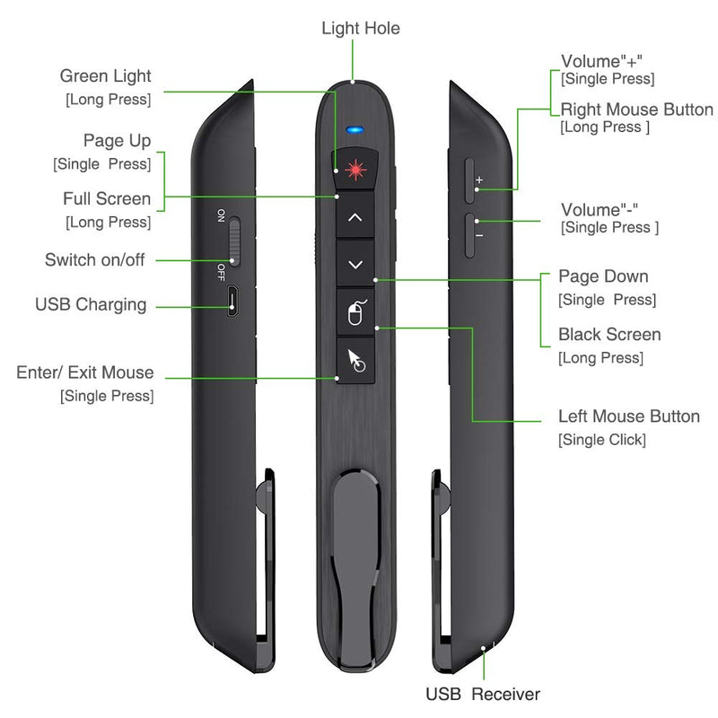 [Australia - AusPower] - Air Mouse Green Light Presentation Remote Control USB Rechargeable Presentation Clicker Wireless Presenter RF 2.4 GHz Powerpoint Clicker Slide Advancer Changer Mac/Laptop/Computer 