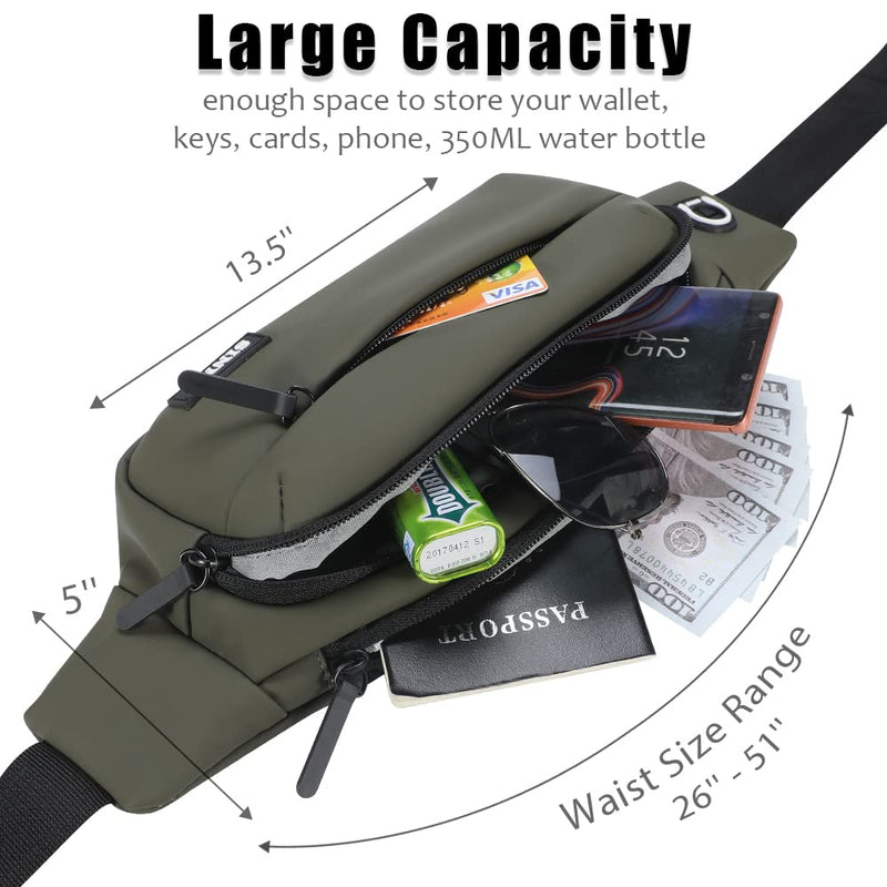 [Australia - AusPower] - SINNO Large Fanny Pack With 4-Zipper Pockets for Running Hiking Travel Workout Dog Walking Outdoors Sport Fishing Waist Pack Bag PU-Army Green(4 Zipper Pockets) 