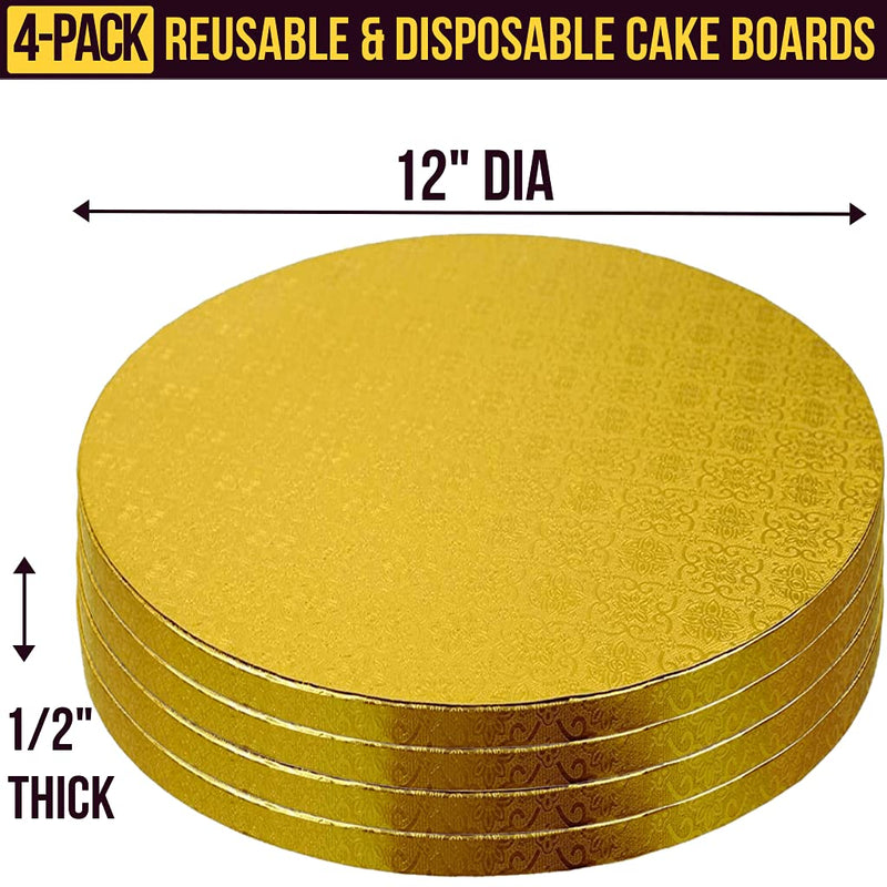 [Australia - AusPower] - 12 Inch Cake Boards - 4-Pack Cake Drums 12 Inch Dia. - Disposable Gold Cake Board Circles - Reusable Round Cake Boards - Cake Base Cardboard Cake Rounds - Cake Decorating Supplies & Baking Supplies 