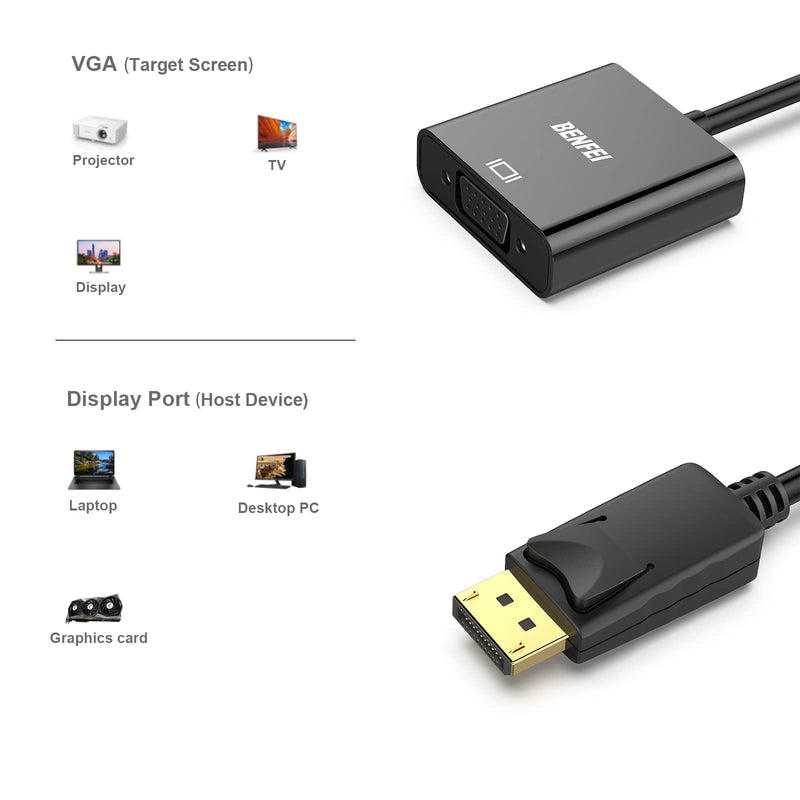 [Australia - AusPower] - BENFEI DisplayPort to VGA, Gold-Plated DP to VGA Adapter (Male to Female) Compatible for Lenovo, Dell, HP, ASUS 1 Black 