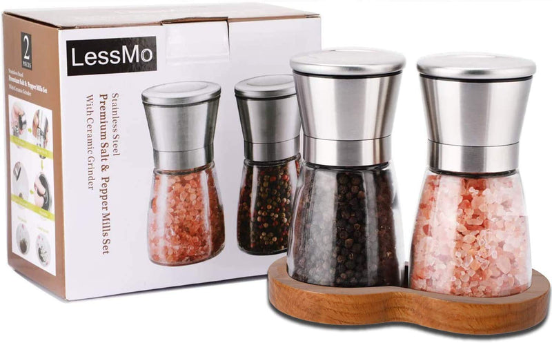 [Australia - AusPower] - LessMo Salt and Pepper Grinder Set with Wooden Standing Tray, Refillable Pepper Mill Set - Brushed Stainless Steel - Short Glass Shakers with Adjustable Coarseness for Peppercorn, Salt or Spice Mill DI 