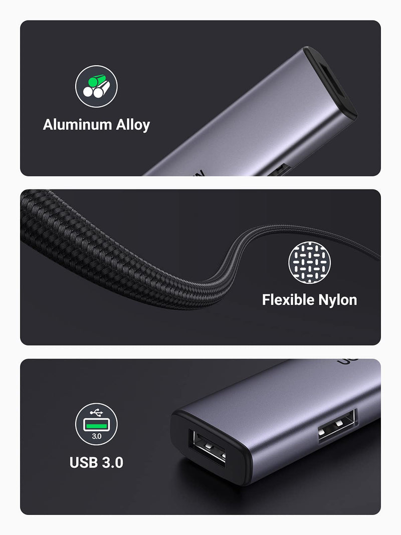[Australia - AusPower] - UGREEN USB Hub, Aluminum 4-Port USB 3.0 Hub with Powered Support Output for High Power Equipment, USB Port Splitter for Laptop,iMac, MacBook, Surface Pro, Dell, PS4, Flash Drive, Mobile HDD 
