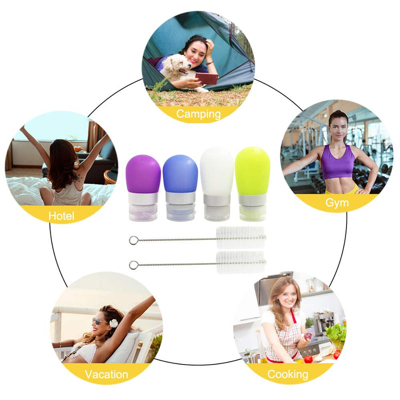 [Australia - AusPower] - 4 pcs Squeeze Salad Dressing Bottles, FineGood 1.3oz and 2 oz. Portable Sauce Containers, Leak Proof Food Storage Condiment Bottles, Comes with 2 pcs Cleaning Brushes - 4 Colors 