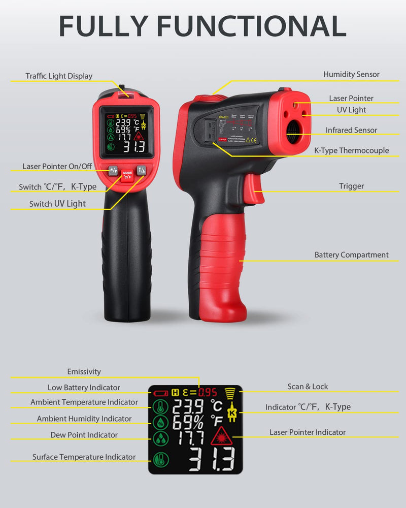 [Australia - AusPower] - Wintact Infrared Thermometer Gun -58℉ to 1202℉ Pyrometer IR Laser Thermal Gun for Mould Detection, Ambient, Surface Temp, Humidity with Automatic Dew Point Temperature Alarm, K-Type Thermocouple Probe 