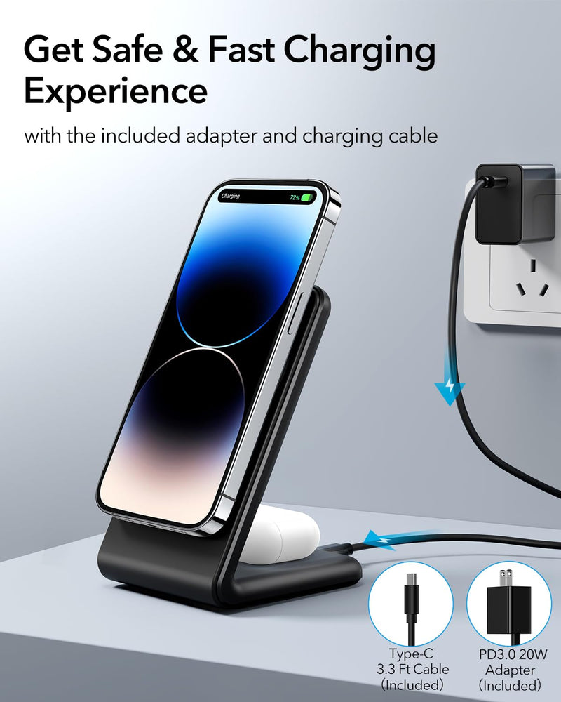 [Australia - AusPower] - Meifigno 2-in-1 Magnetic Wireless Charger, Fast Charging with PD3.0 20W USB-C Adapter & Charging Cable MagSafe Charger Stand for iPhone 14 13 12 Pro Max Plus Mini, AirPods 3/Pro 2/Pro, Black 