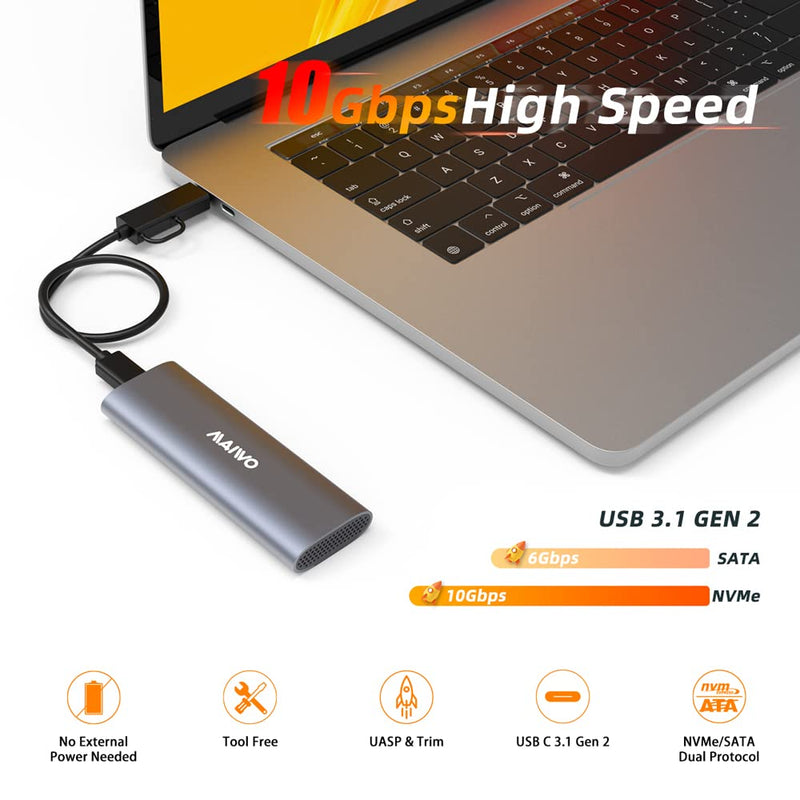 [Australia - AusPower] - MAIWO M.2 SSD Enclosure Adapter,USB C to M.2 NVME/SATA,MAX 10Gbps,Support 2TB Storage Expansion,Support M or B&M Keys,Aluminum Alloy,Tool Free,Automatic Sleep (FIts 2230/2240/2260/2280) 
