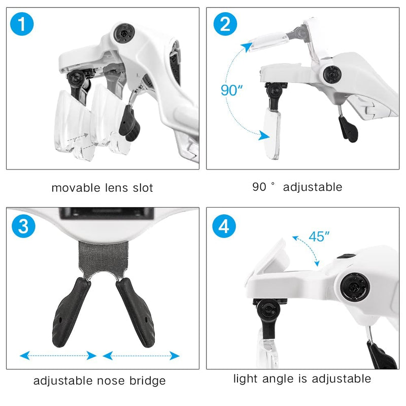 [Australia - AusPower] - Head Mount Magnifier with Light, USB Charging Magnifying Glasses for Close Work, Hands Free Magnifying Glass for Reading, Jewelers Loupe 5 Lenses 1.0X 1.5X 2.0X 2.5X 3.5X 