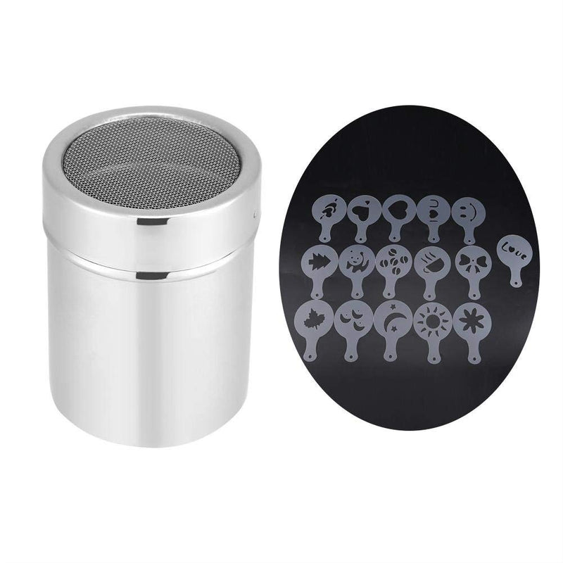 [Australia - AusPower] - Stainless Steel Chocolate Shaker Icing Sugar Powder Cocoa Flour Coffee Sifter Dredge Duster Seasoning Cooking Tools Fine Mesh with 16pcs Coffee Stencils Cappuccino Latte Art(Coffee Shaker) Coffee Shaker 