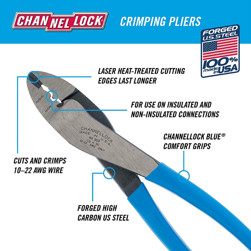 [Australia - AusPower] - Channellock 909 9.5-Inch Wire Crimping Tool | Electrician's Terminal Crimp Pliers with Cutter are Designed for Insulated and Non-Insulated Connections | Forged from High Carbon Steel | Laser Heat-Treated Edges Last Longer | Made in the USA 