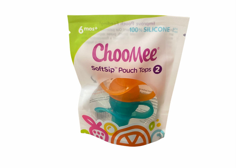 [Australia - AusPower] - ChooMee SoftSip Food Pouch Top | Baby Led Weaning | No Spill Flow Control Valve, Protects Childs Mouth, 100% Silicone, BPA Free | 2CT Orange Aqua 