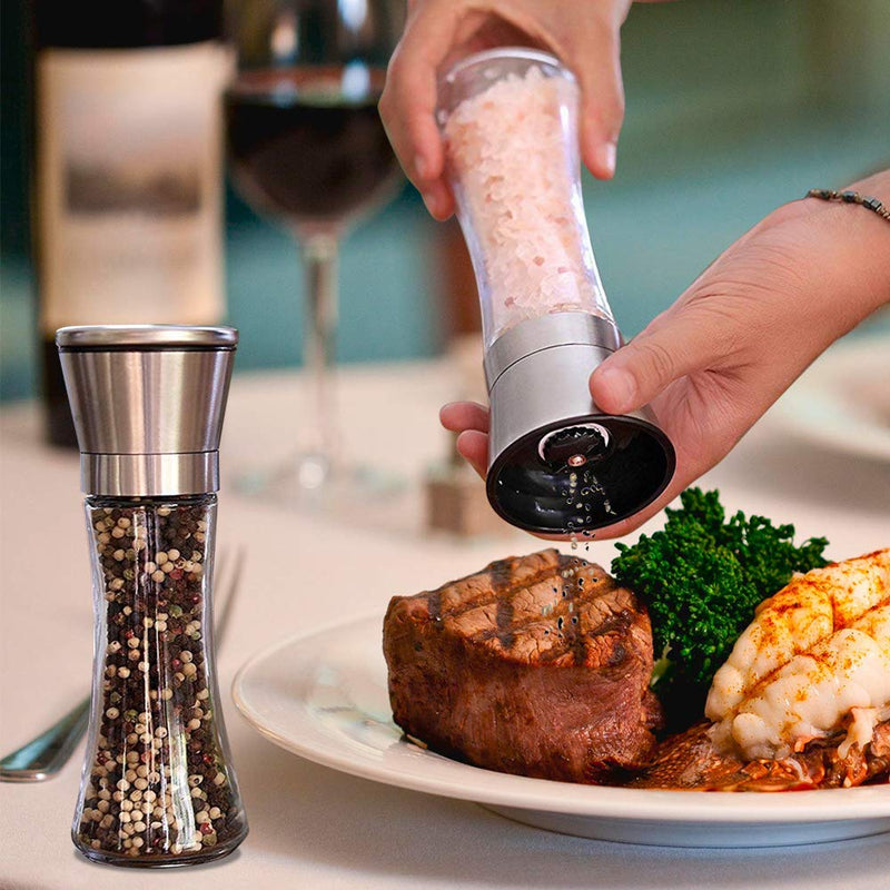 [Australia - AusPower] - Salt and Pepper Shakers Grinders Refillable Stainless Steel,Adjustable Coarseness Mills Glass Material to Refill Sea Salt,Small Peppercorn,Black Pepper,Fits in Home,Kitchen(single package) color AA 