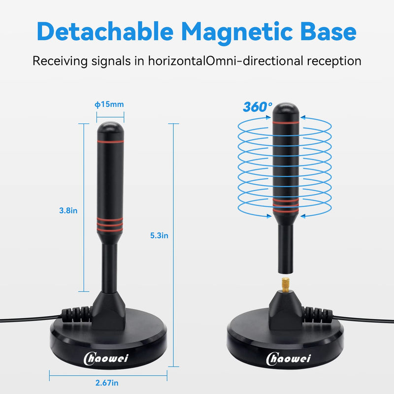 [Australia - AusPower] - Chaowei Digital HDTV Antenna with Magnetic Base,16.5feet Coaxial HDTV Cable-Portable Outdoor Indoor TV Antenna for 4K 1080p Roku TV and Fire TV Stick 2.7inch Magnetic Base 