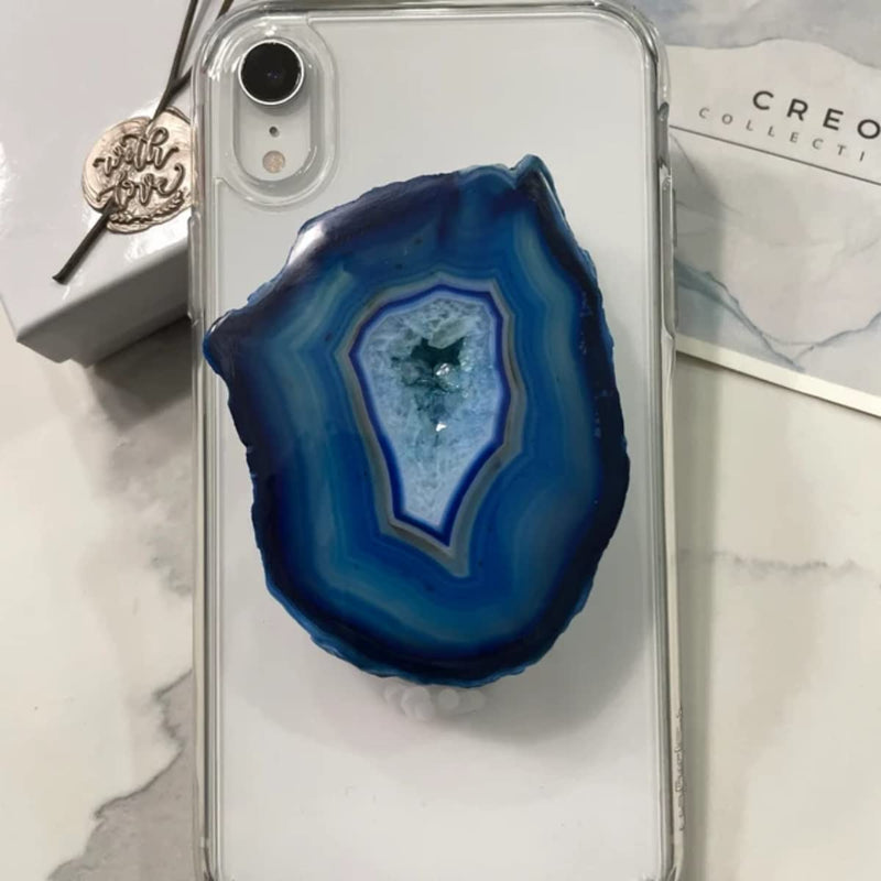[Australia - AusPower] - Authentic Natural Oval Agate - Crystal Phone Grip Holder Accessory for Smart Phones and Tablets (Blue) Blue 
